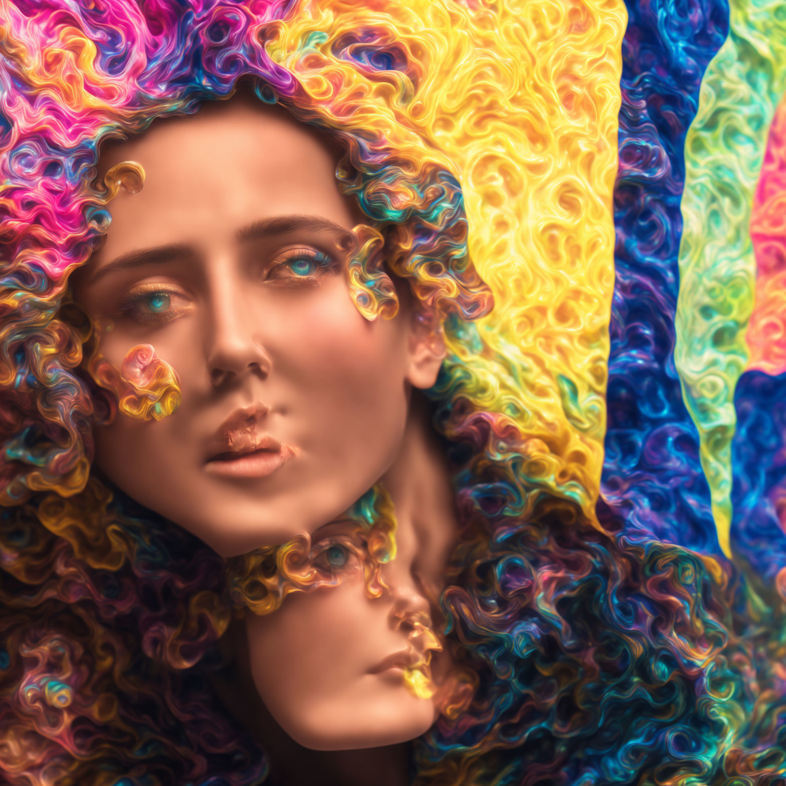 Vibrant multicolored curly hair on a woman with serene expression