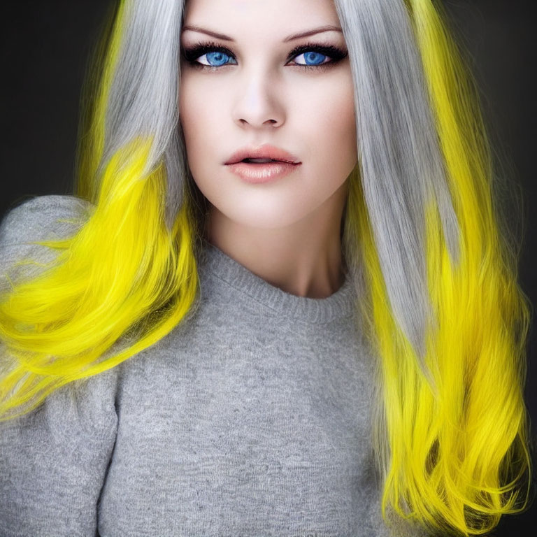 Woman with Blue Eyes and Grey-to-Yellow Ombre Hair in Grey Sweater