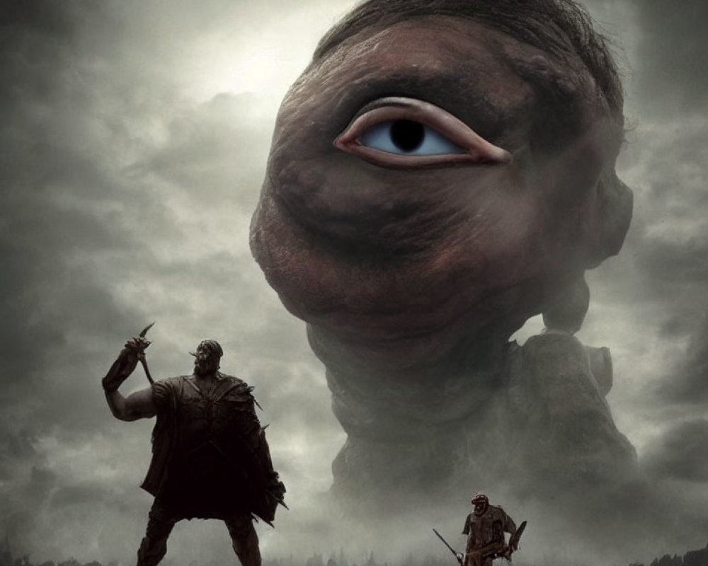 Fantastical scene: giant floating head with singular eye, small figures pointing, gloomy sky