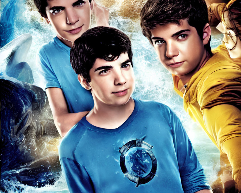 Intense expressions of three boys against dynamic blue background