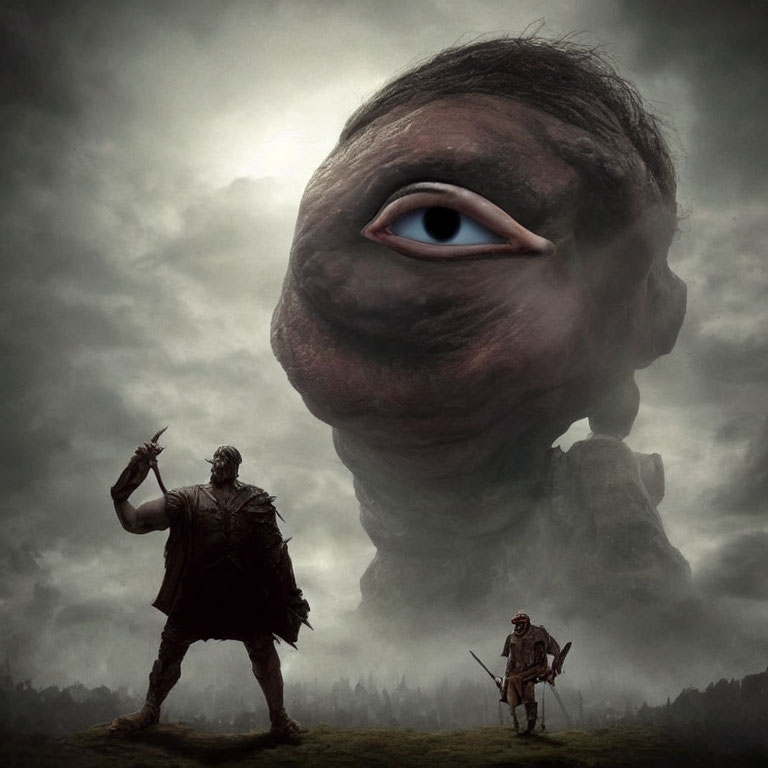 Fantastical scene: giant floating head with singular eye, small figures pointing, gloomy sky