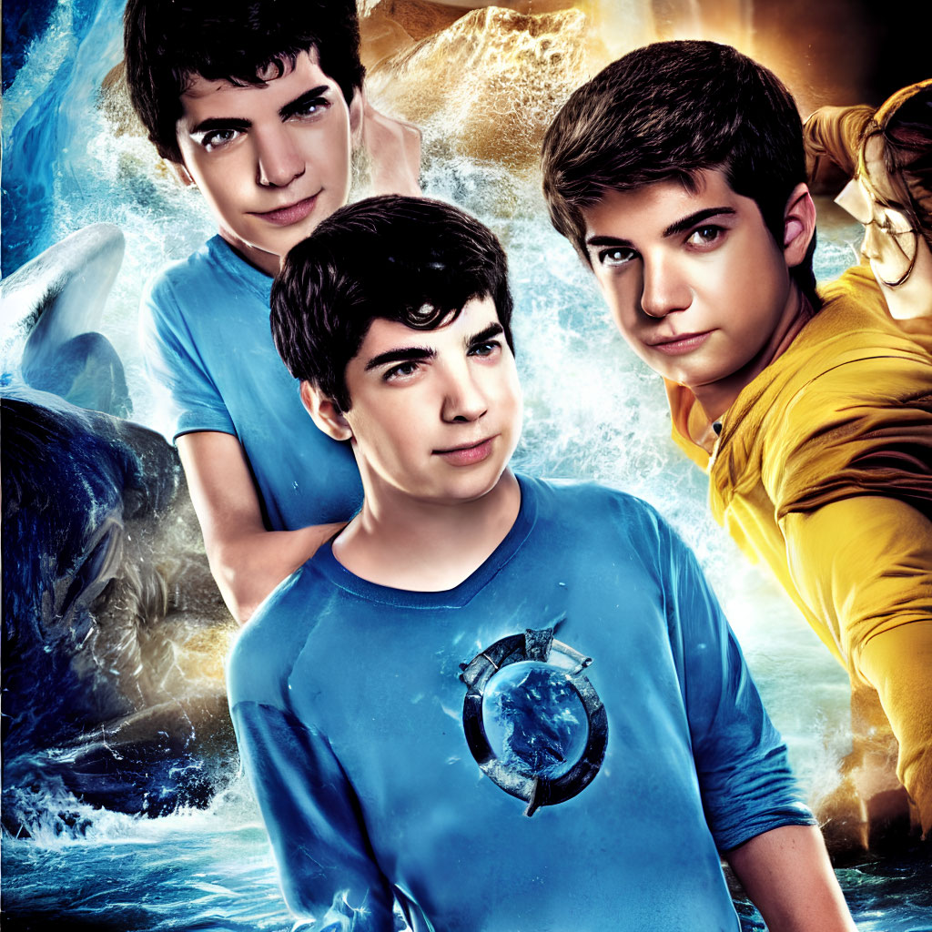 Intense expressions of three boys against dynamic blue background