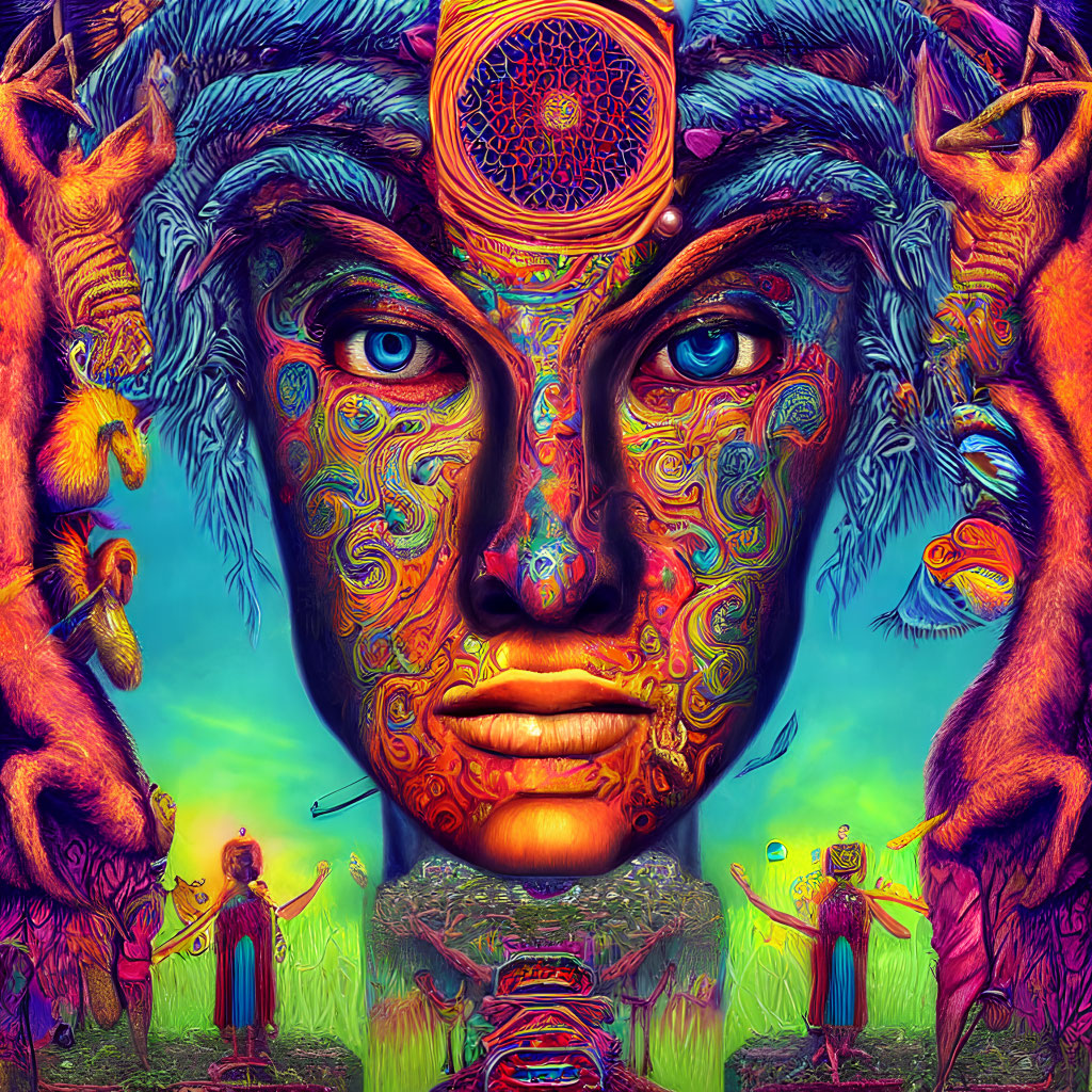 Colorful Psychedelic Image with Central Face and Symmetrical Figures