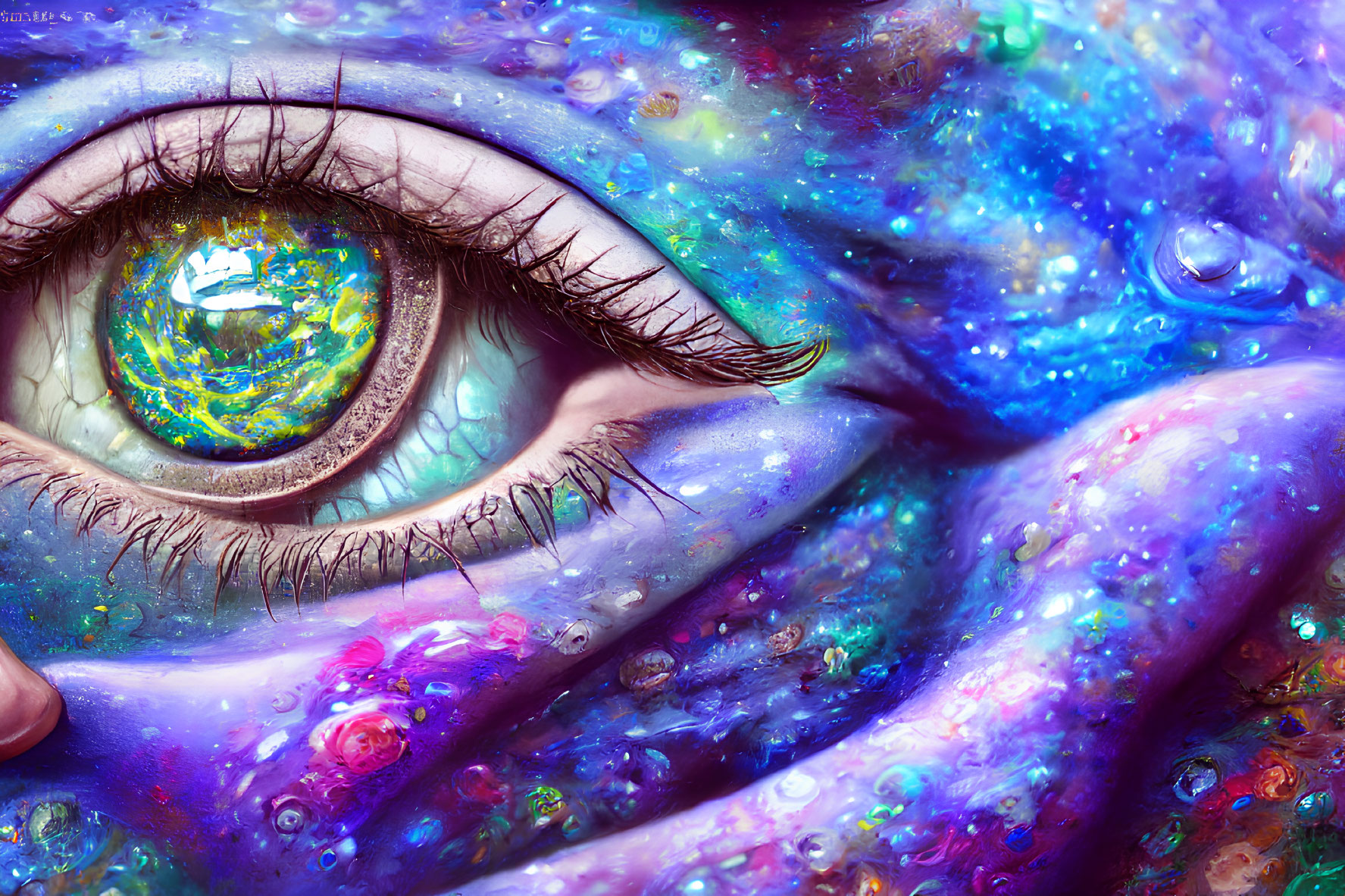 Colorful eye artwork with cosmic textures and water droplets