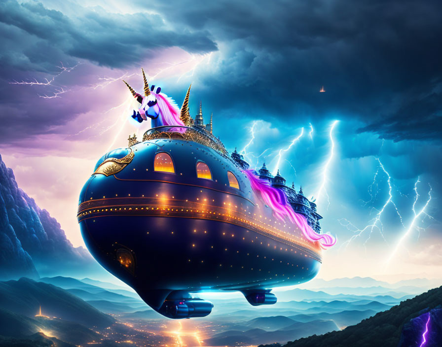 Fantastical cruise ship with unicorn figurehead in stormy skies