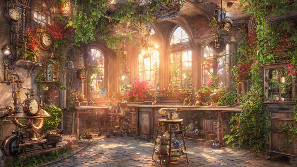 Enchanting room with vintage clocks, rustic furniture, and plants