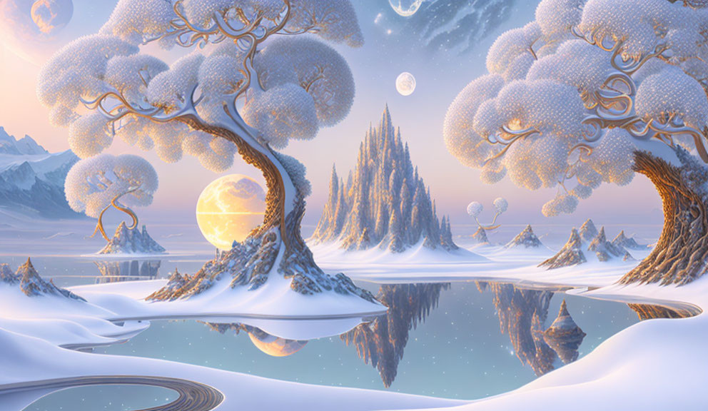 Snow-covered fantasy landscape with trees, mountains, lake, and celestial bodies