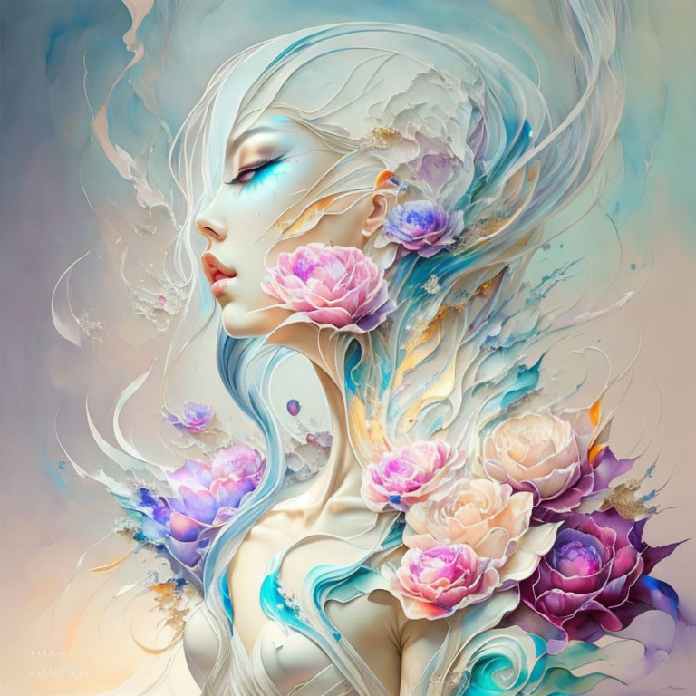 Fantasy illustration of pale-skinned female with elfin features and swirling hair adorned with pastel roses