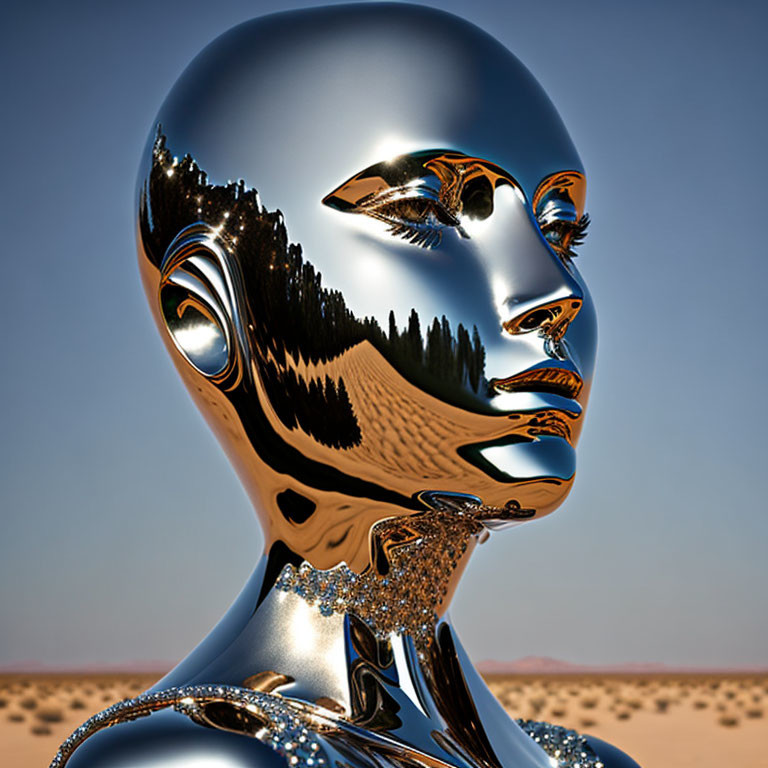 Reflective Chrome Humanoid Head with Distorted Landscape Features Against Desert Background