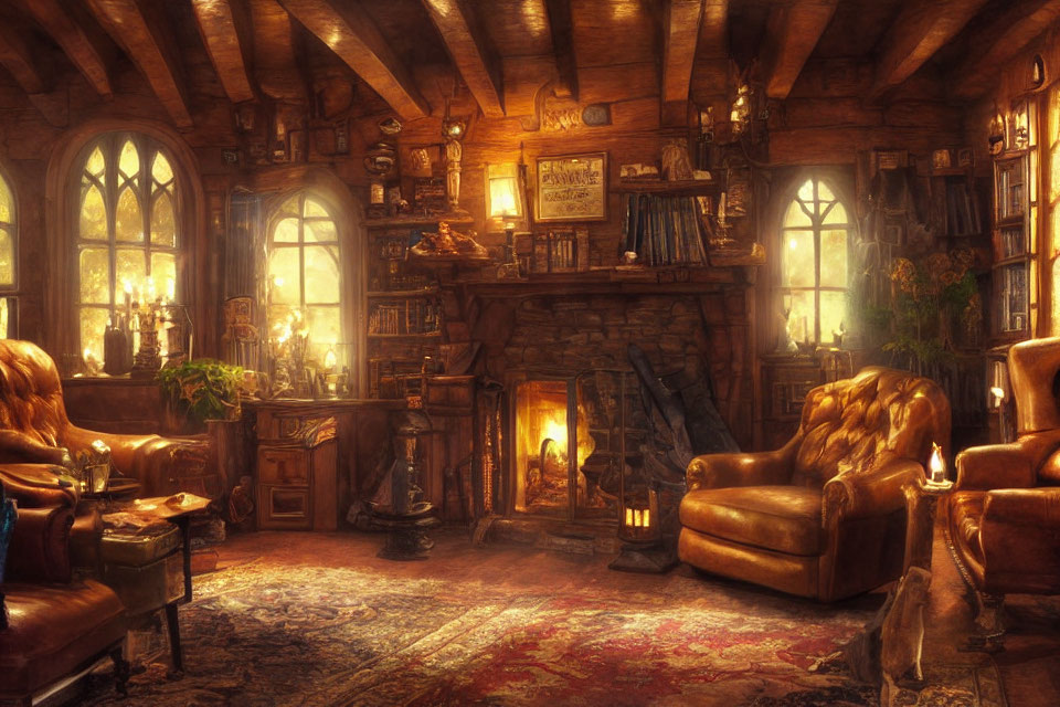 Medieval-style interior with leather armchairs, stone fireplace, Gothic windows, books & candles