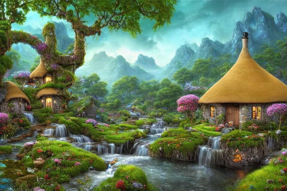 Enchanting fantasy landscape with cottages, waterfalls, and mountains