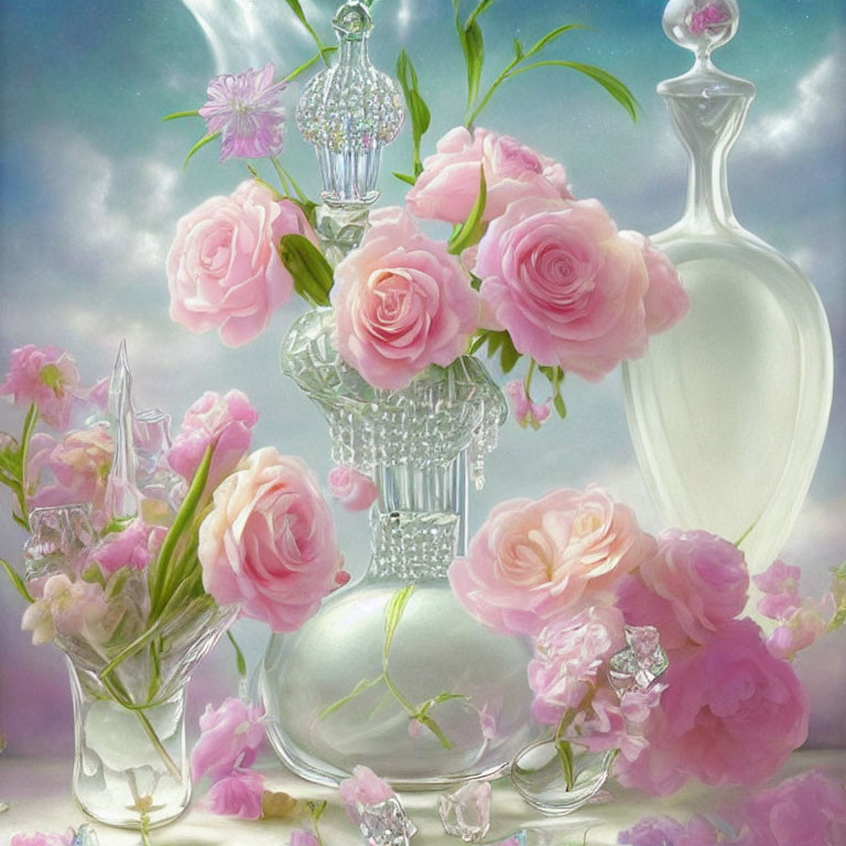 Pink Roses and Blossoms in Crystal Vases Against Cloudy Backdrop