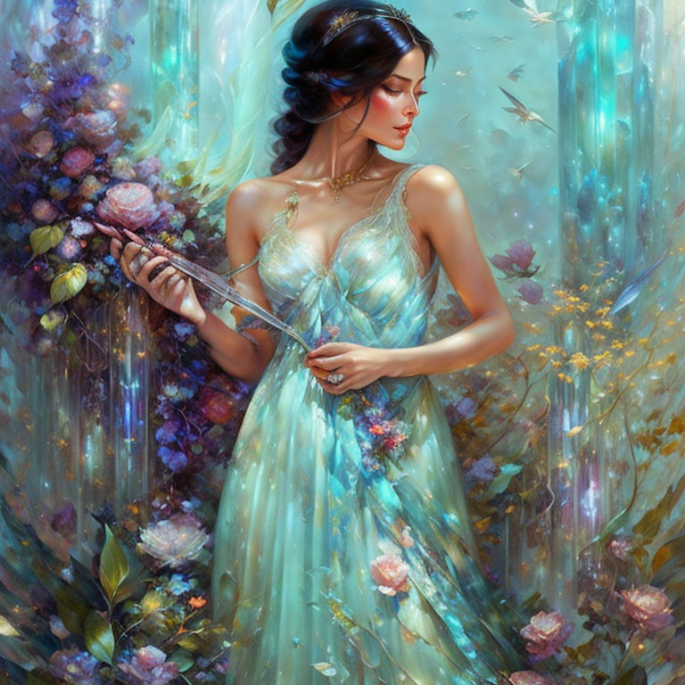 Ethereal woman in teal gown painting in vibrant floral ambiance