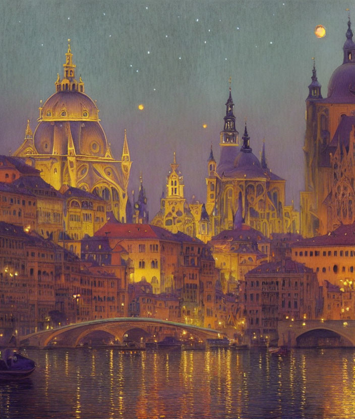 Illustrated nighttime cityscape with river, ornate buildings, bridge, lanterns, starry sky