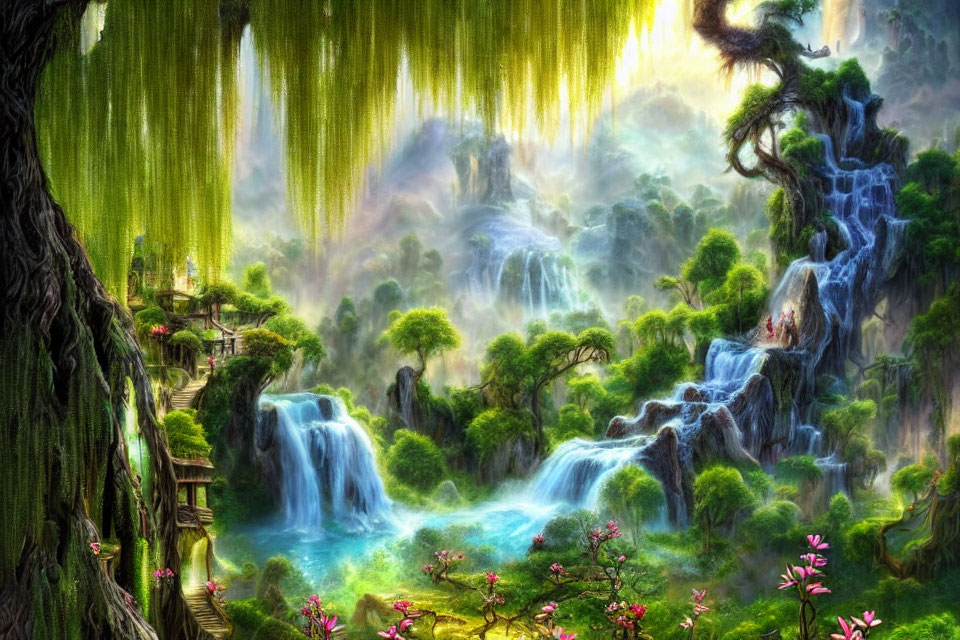 Fantasy landscape with lush greenery, cascading waterfalls, treehouses, and pink flowering trees