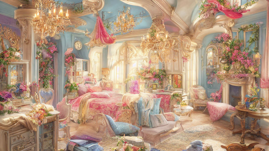 Luxurious Pink Bedroom with Floral Decor and Gold Accents