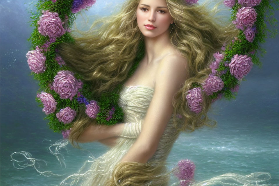 Digital Illustration of Woman with Flowing Hair and Purple Flowers in Strapless Dress