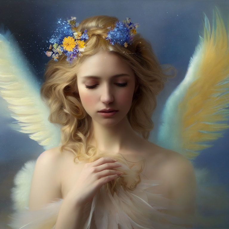 Tranquil figure with angelic wings and floral crown in soft glow