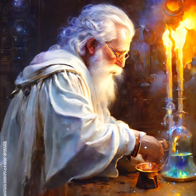 Elderly man in white robe conducts colorful flame experiment