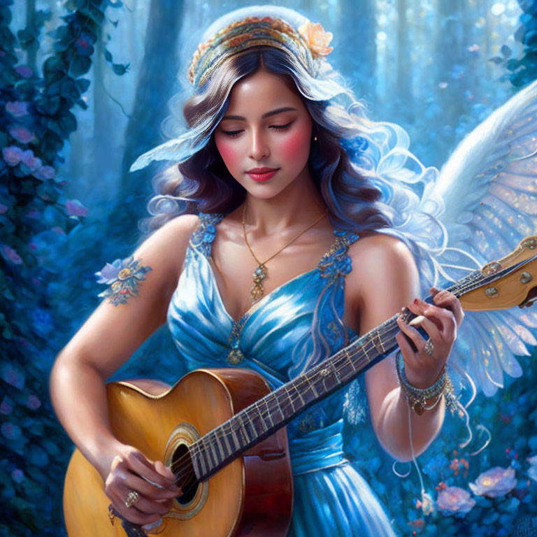 Angel playing guitar in serene floral setting