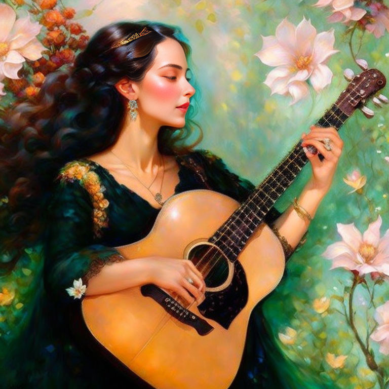 Illustration of woman playing guitar in green dress among blooming flowers