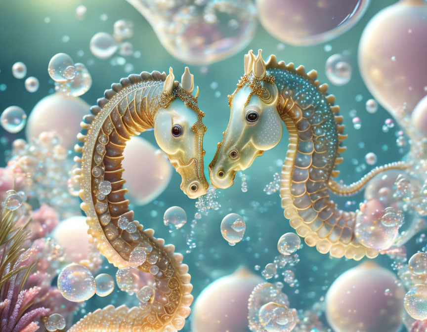 Two Seahorses Embraced in Underwater Scene