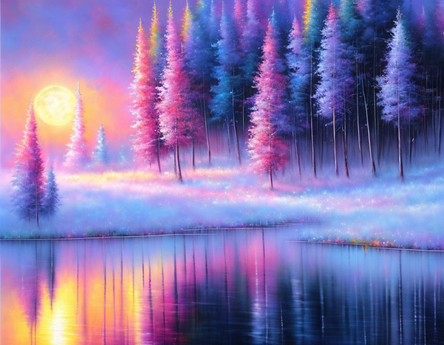 Mystical forest painting: vibrant colors, moonlit sky, mist-covered landscape