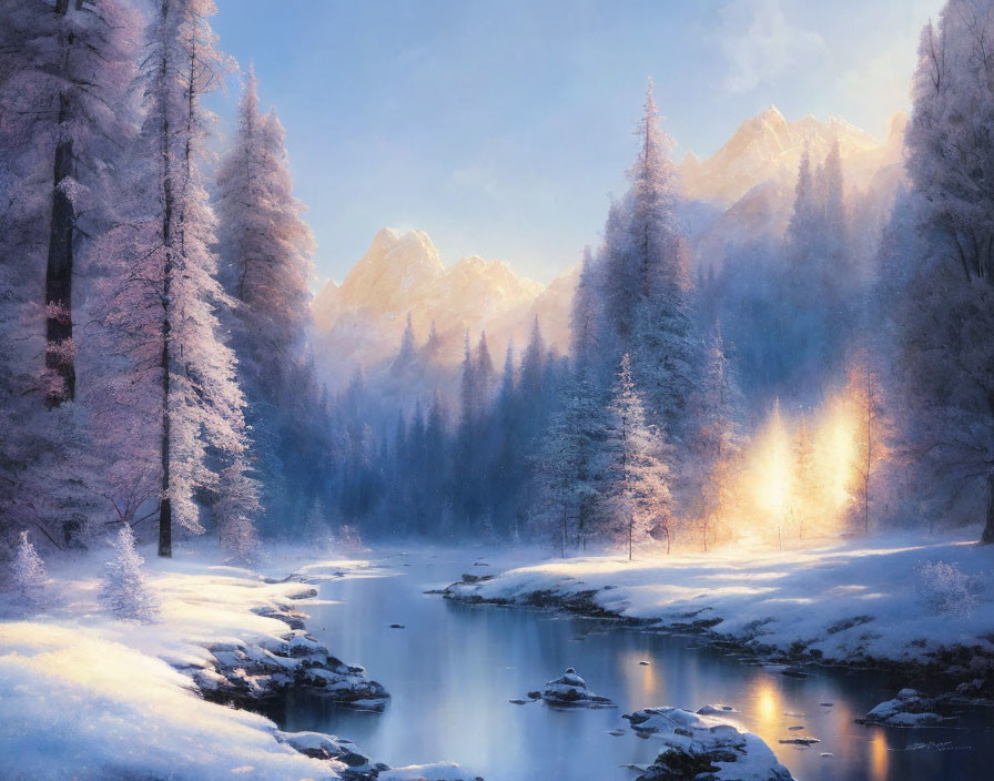 Snow-covered trees and calm river in serene winter landscape