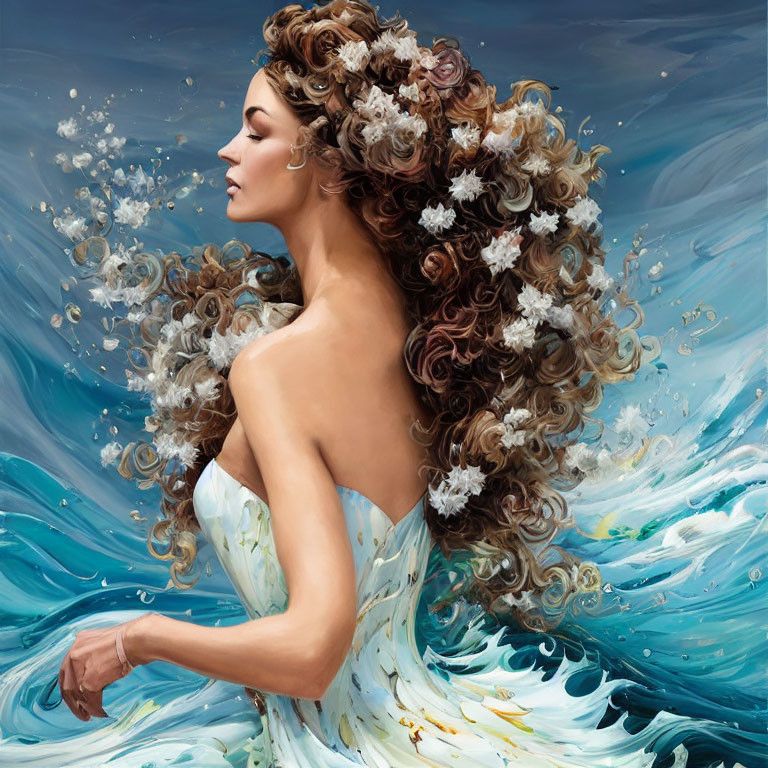 Woman with Flowers in Hair Merges with Wave in Artistic Representation