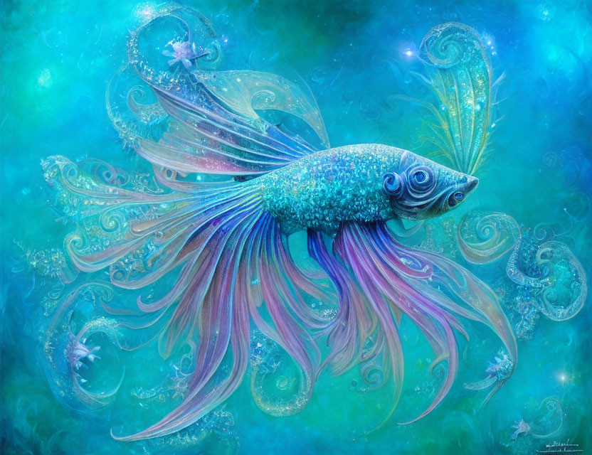 Colorful Betta Fish with Elongated Fins on Ornate Blue Background