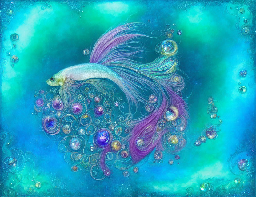 Colorful Fish with Purple Tendrils and Gem-like Orbs in Teal Aquatic Scene