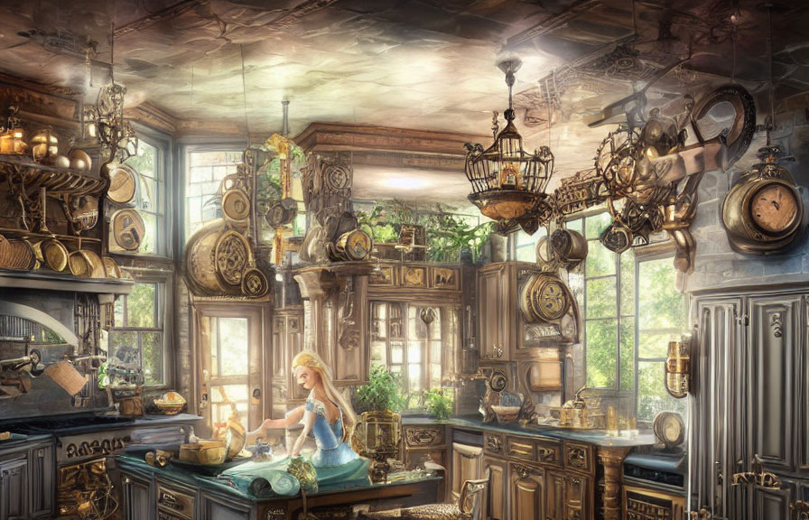 Steampunk-themed room with clocks, gears, and brass fixtures, woman reading by window.