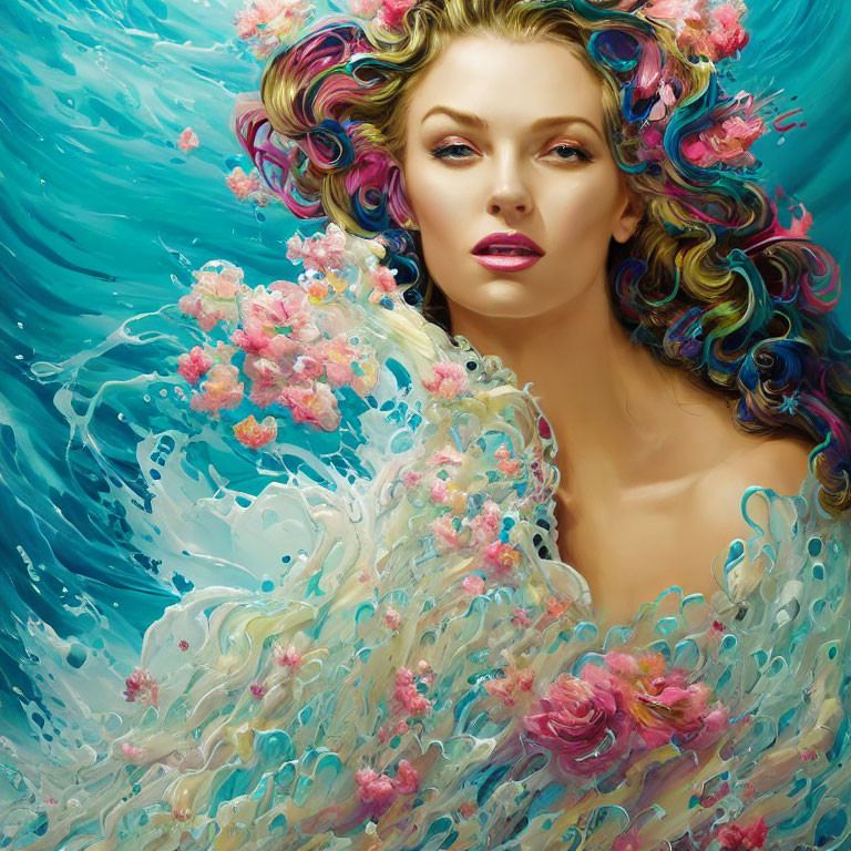 Woman Surrounded by Water, Flowers, and Colorful Swirls