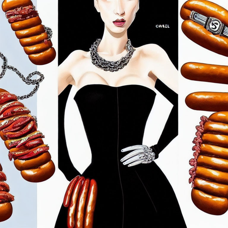 Stylized woman in black dress with jewelry next to grilled hot dogs