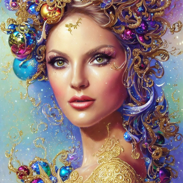 Fantasy portrait of a woman with golden hair ornaments & celestial backdrop