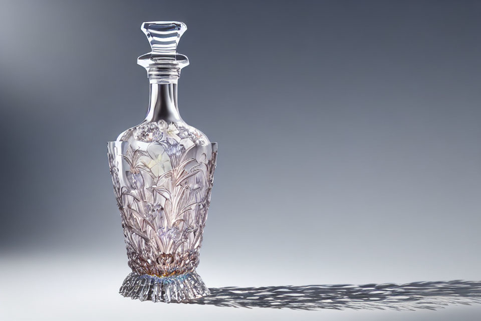 Intricate Crystal Decanter with Clear Stopper on Gray Gradient Background