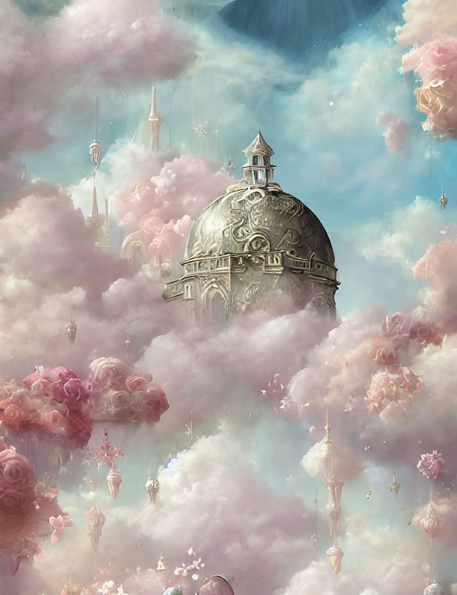 Fantastical cityscape with ornate towers and domes in pink cloud sky