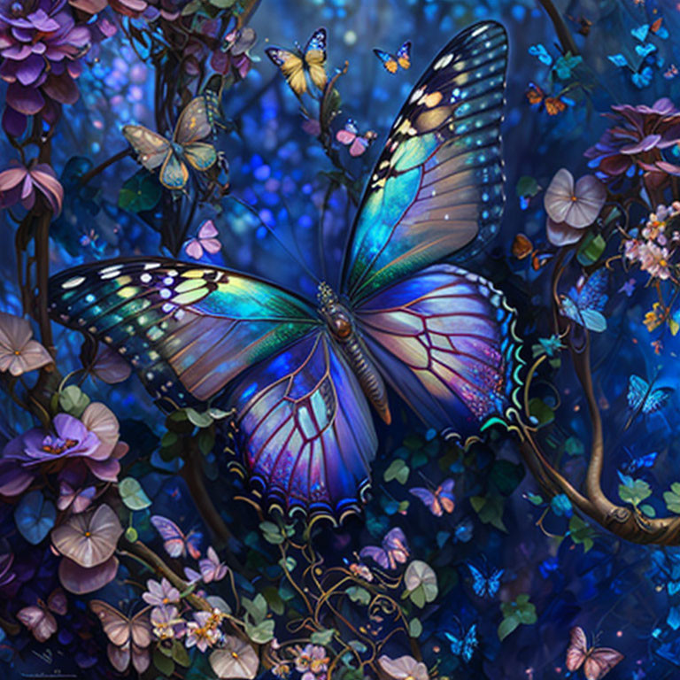 Colorful artwork: Oversized butterfly with glowing wings in mystical flower-filled scene