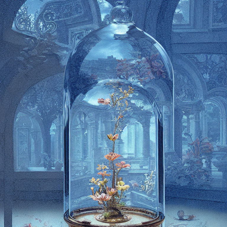 Enchanted rose under glass dome with fallen petals against castle backdrop