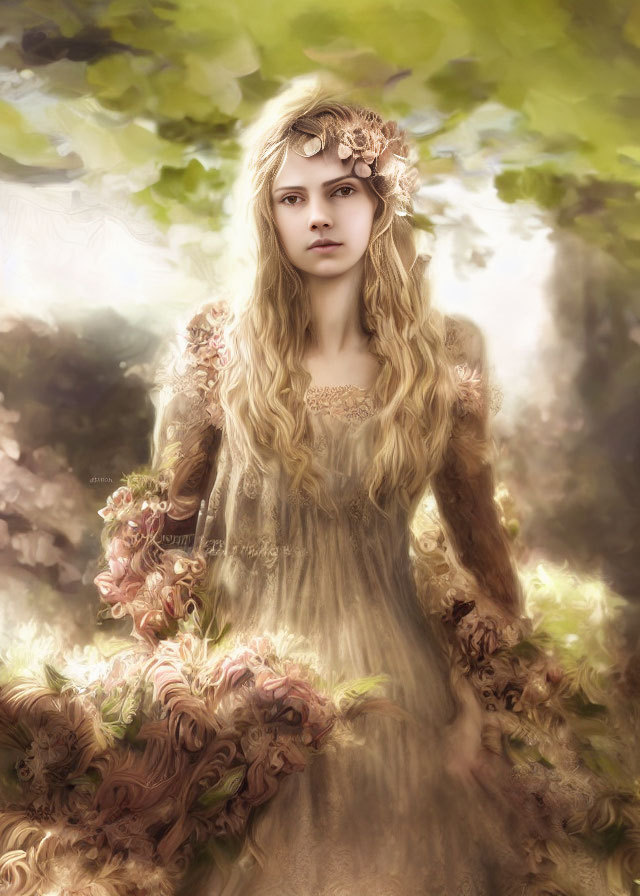 Young woman in vintage dress with floral hair decor in softly-lit forest.