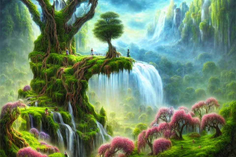 Fantastical landscape with giant tree, waterfalls, lush greenery, and pink-flowered trees