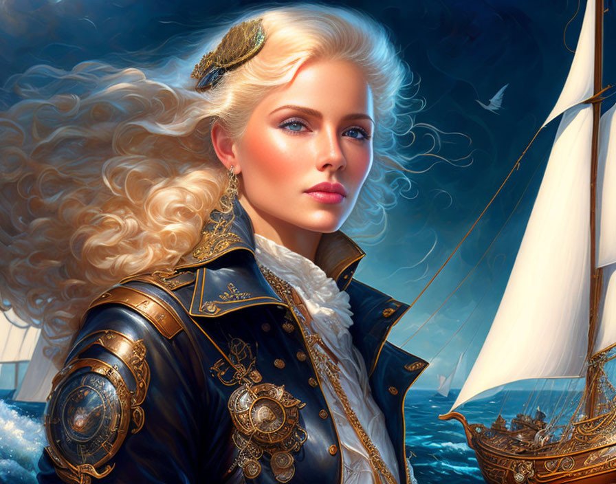 Illustration of a blonde female in navy uniform by the sea with a sailing ship.