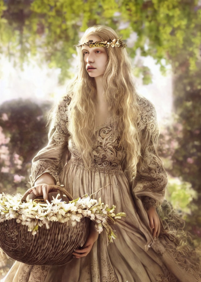 Medieval-style woman with floral crown in lush garden setting