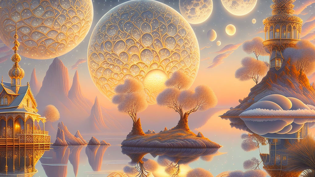 Fantasy landscape with floating islands, ornate buildings, multiple moons, and warm orange sky