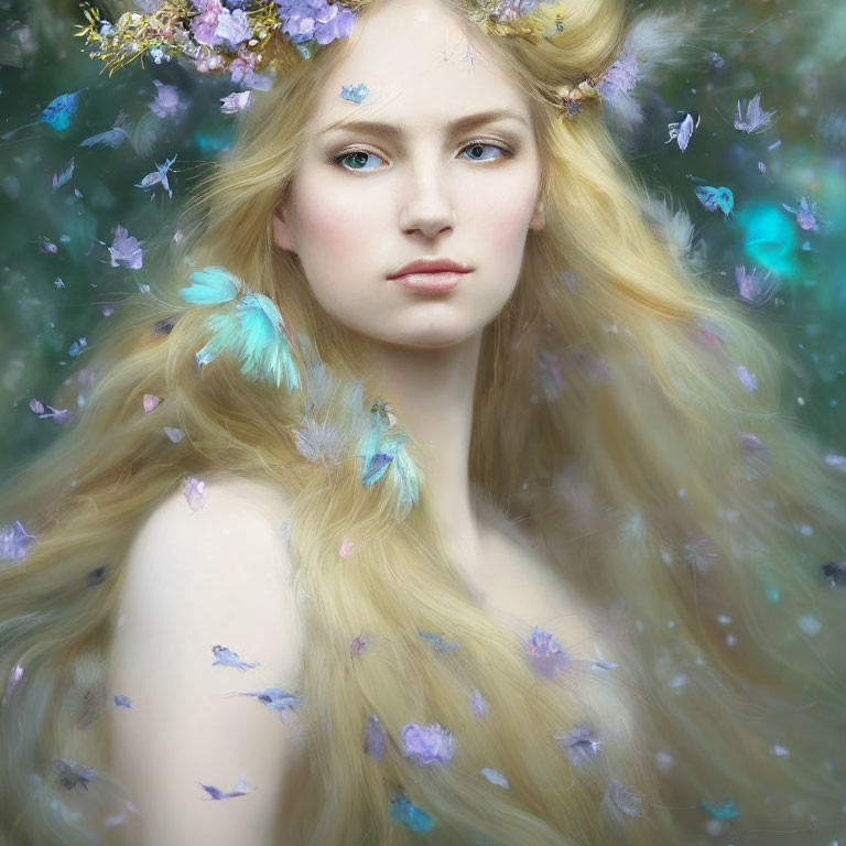 Blonde woman with floral crown surrounded by butterflies