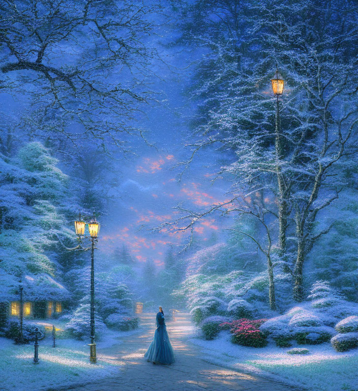 Person in Blue Dress Walking on Snowy Path at Twilight