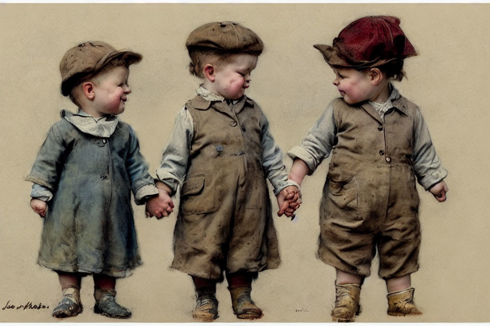 Vintage-style children holding hands in caps and overalls, girl in a dress