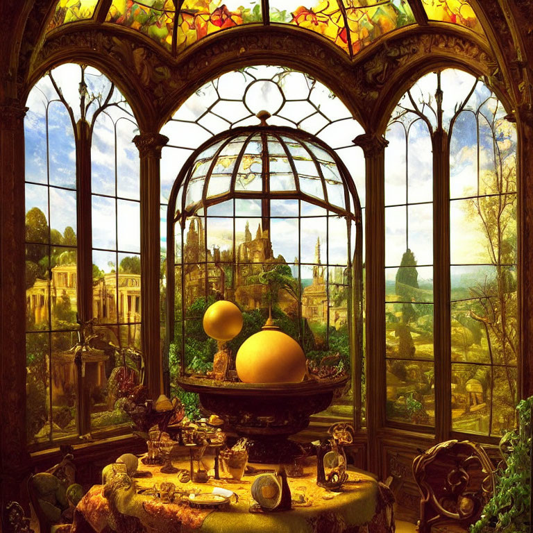 Victorian interior with stained glass window, ornate cage, globe, and decorative table in scenic backdrop