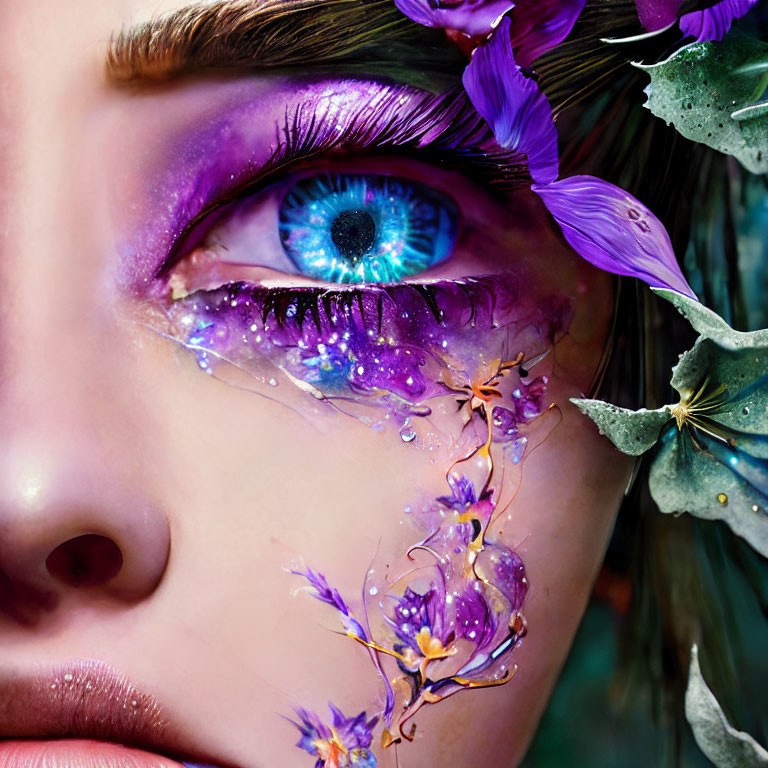 Detailed close-up of vibrant blue eye with purple makeup, glitter, flowers, and petals.