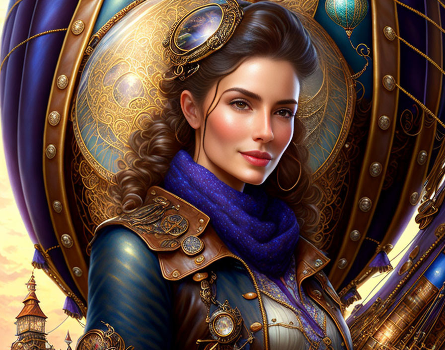 Detailed Illustration: Woman in Steampunk Goggles & Golden Armor